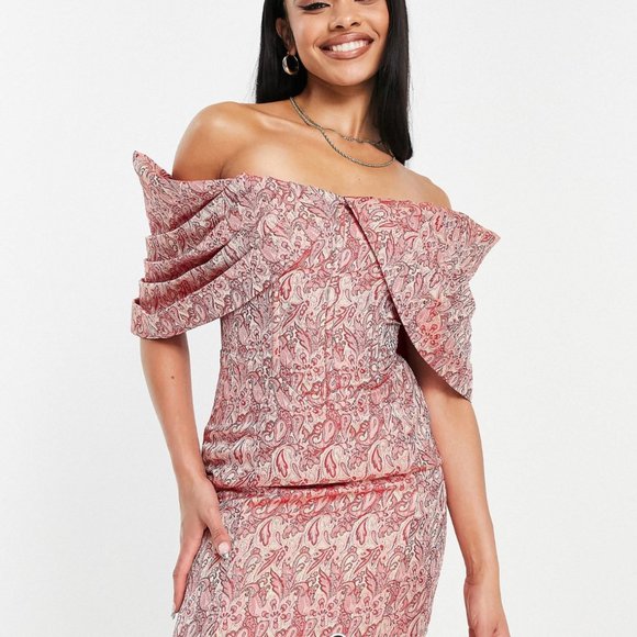 NEW w/ TAGS ASOS LUXE Pleated Bardot Jacquard Mini dress in Paisley Print - Picture 1 of 7